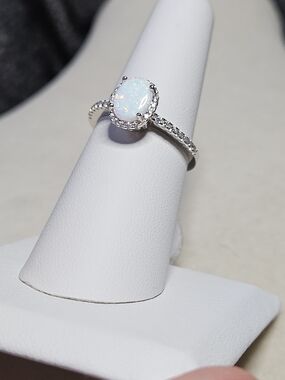 White Opal Halo Ring with Pavé Band - 925 Sterling Silver